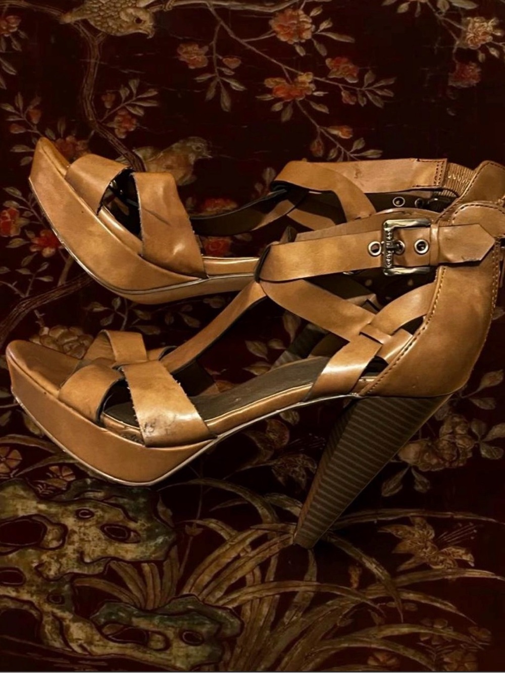 G by Guess Tan Strappy Platform Heels with Buckle Detail